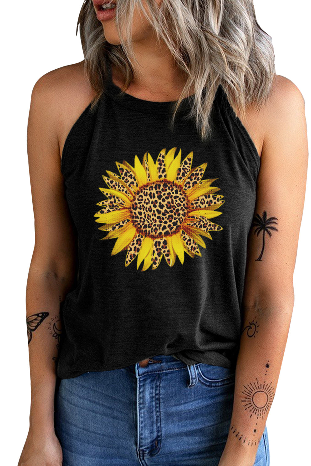 Camiseta sin mangas con cuello redondo y gráfico de girasol