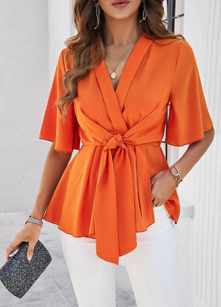 Surplice Tie Waist Half Sleeve Blouse - MimiStylez