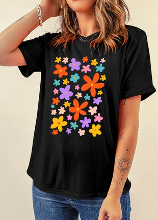 Flower Graphic Round Neck Short Sleeve T-Shirt - MimiStylez