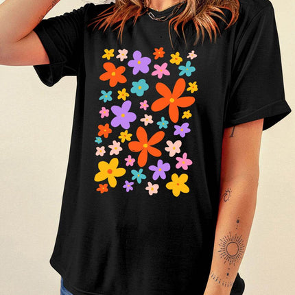 Flower Graphic Round Neck Short Sleeve T-Shirt - MimiStylez