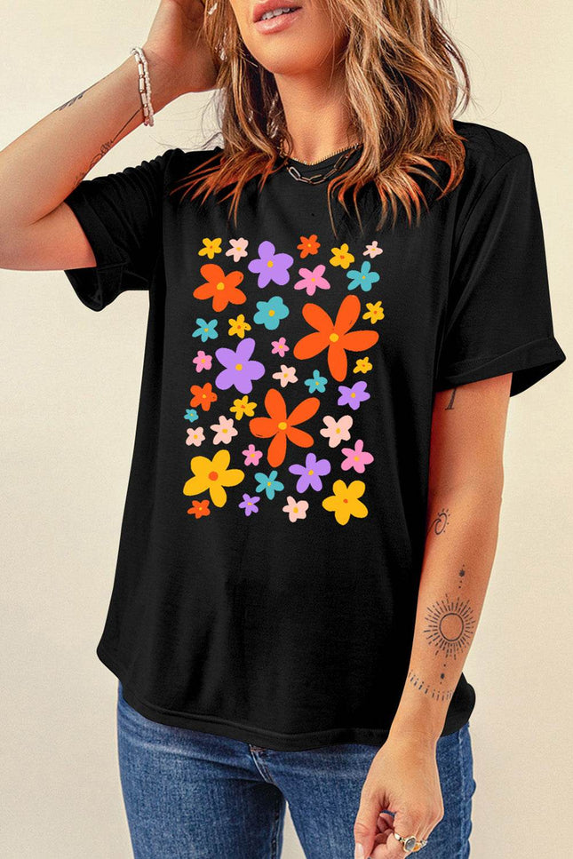 Flower Graphic Round Neck Short Sleeve T-Shirt - MimiStylez