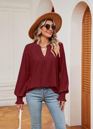 Notched Neck Flounce Sleeve Blouse - MimiStylez