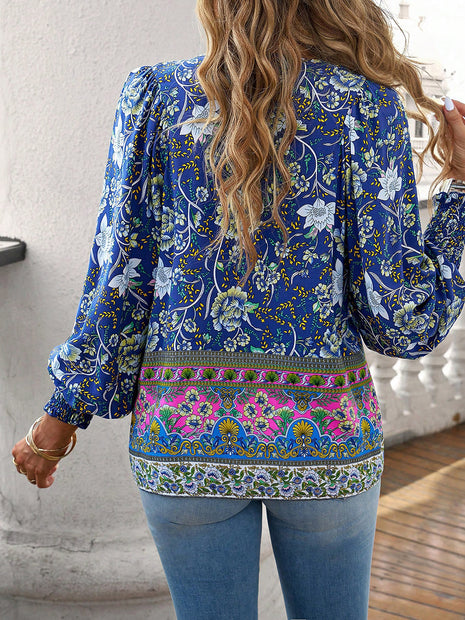 Blusa boêmia com decote em V e manga lanterna