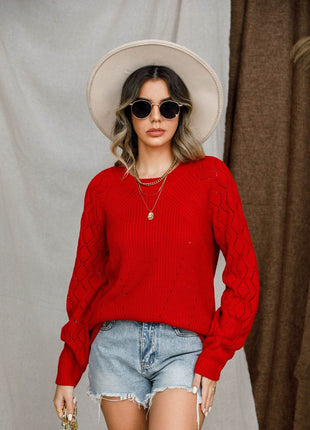 Openwork Round Neck Raglan Sleeve Sweater - MimiStylez