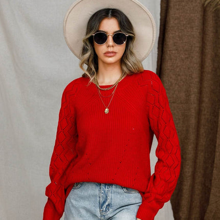 Openwork Round Neck Raglan Sleeve Sweater - MimiStylez