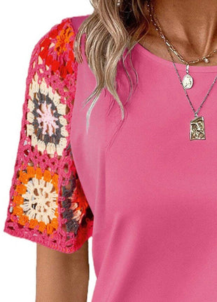 Geometric Round Neck Short Sleeve Blouse - MimiStylez