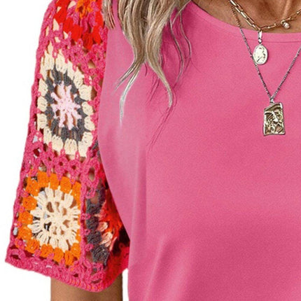 Geometric Round Neck Short Sleeve Blouse - MimiStylez