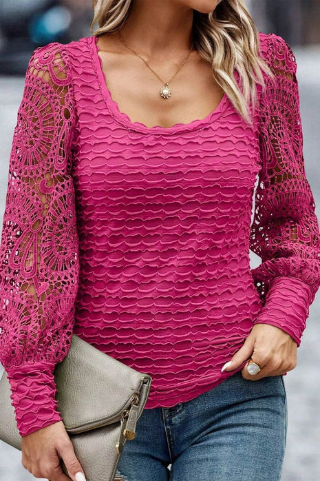 Openwork Scoop Neck Long Sleeve Blouse - MimiStylez