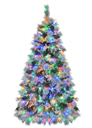 6FT Pre-Lit Spruce Snow Flocked Christmas Tree With Pine Cones, 250 Multi-Color LED Lights, 11 Flashing Modes