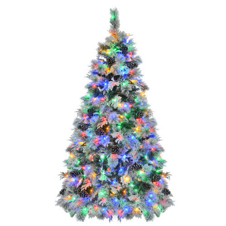 6FT Pre-Lit Spruce Snow Flocked Christmas Tree With Pine Cones, 250 Multi-Color LED Lights, 11 Flashing Modes