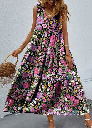 Tiered Printed V-Neck Sleeveless Dress - MimiStylez