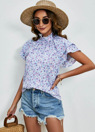 Ditsy Floral Mock Neck Flounce Sleeve Blouse - MimiStylez