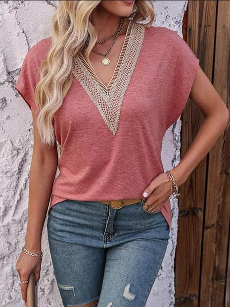 Heathered V-Neck Short Sleeve T-Shirt - MimiStylez