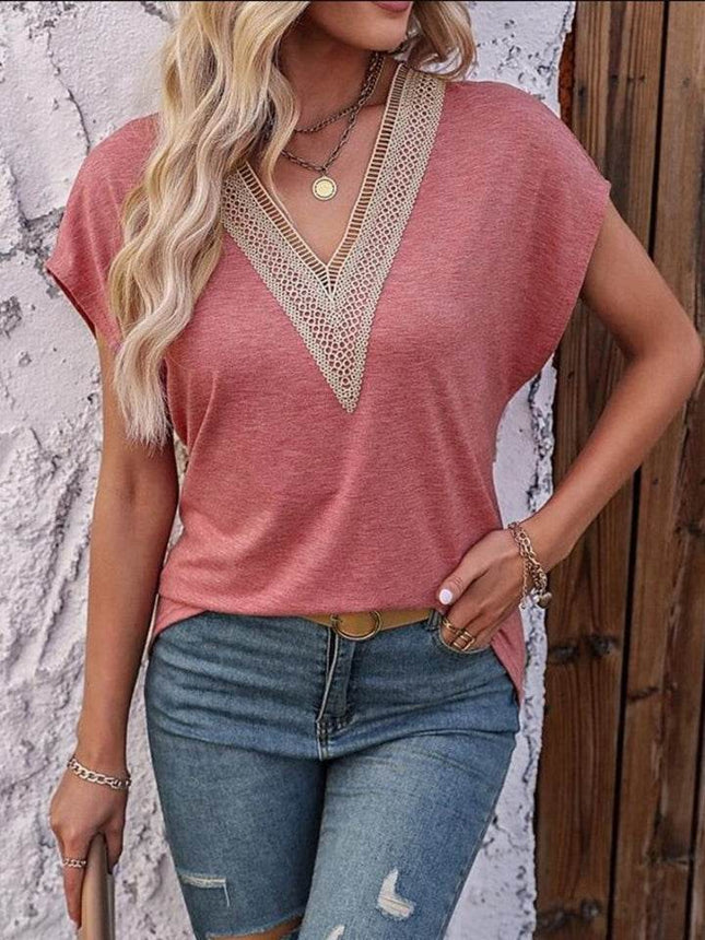 Heathered V-Neck Short Sleeve T-Shirt - MimiStylez