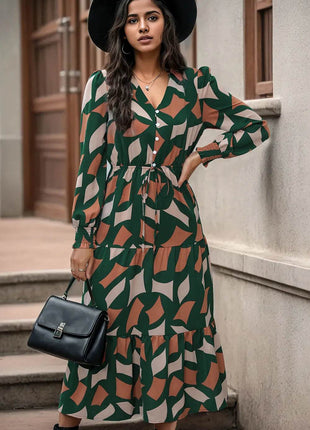 Perfee Printed Tied Pocketed Lantern Sleeve Dress - MimiStylez