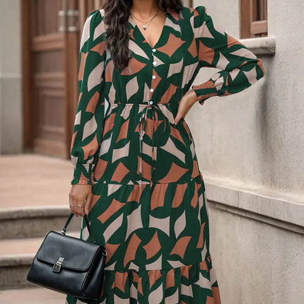 Perfee Printed Tied Pocketed Lantern Sleeve Dress - MimiStylez