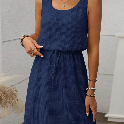 Waffle-Knit Drawstring Mini Tank Dress - MimiStylez