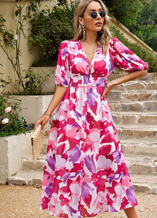 Printed Puff Sleeve Midi Dress - MimiStylez
