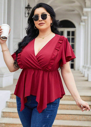 Plus Size Frill Surplice Flutter Sleeve Blouse - MimiStylez