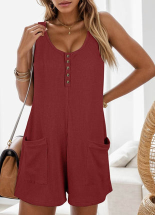 Waffle-Knit Scoop Neck Wide Strap Romper - MimiStylez