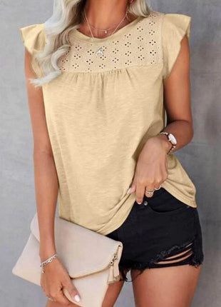 Ruffled Round Neck Cap Sleeve T-Shirt - MimiStylez