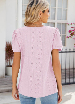 Eyelet Puff Sleeve T-Shirt - MimiStylez