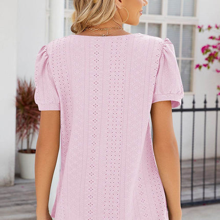 Eyelet Puff Sleeve T-Shirt - MimiStylez