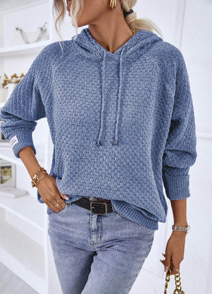 Texture Drawstring Long Sleeve Hooded Sweater - MimiStylez