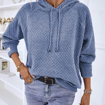 Texture Drawstring Long Sleeve Hooded Sweater - MimiStylez