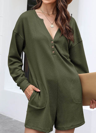 Notched Neck Long Sleeve Romper - MimiStylez