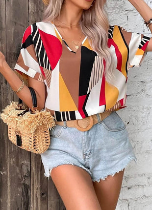 Printed V-Neck Short Sleeve Blouse - MimiStylez