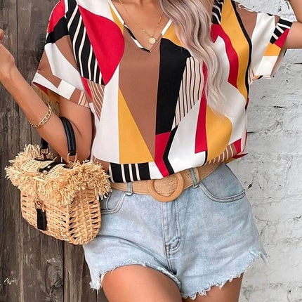 Printed V-Neck Short Sleeve Blouse - MimiStylez