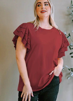 Plus Size Eyelet Round Neck Short Sleeve Blouse - MimiStylez