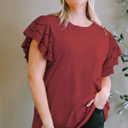 Plus Size Eyelet Round Neck Short Sleeve Blouse - MimiStylez