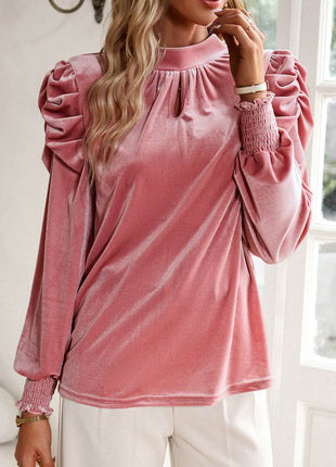 Tie Up Mock Neck Velvet Fabric Long Sleeve Blouse - MimiStylez