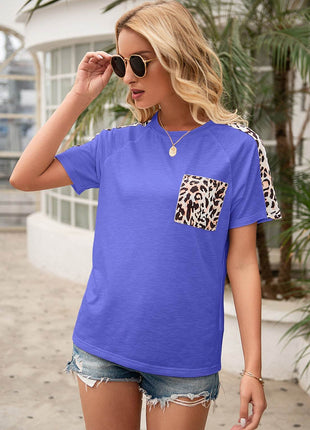 Pocketed Leopard Round Neck Short Sleeve T-Shirt - MimiStylez