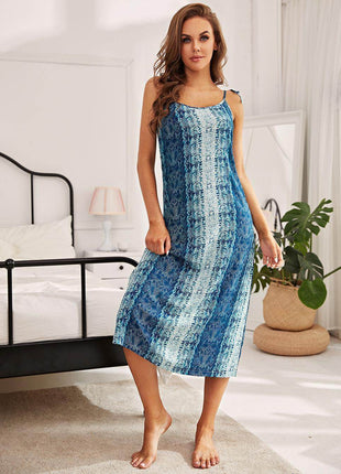 Printed Tie Shoulder Midi Night Dress - MimiStylez