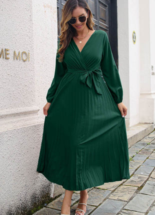 Pleated Long Sleeve Surplice Maxi Dress - MimiStylez