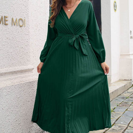 Pleated Long Sleeve Surplice Maxi Dress - MimiStylez