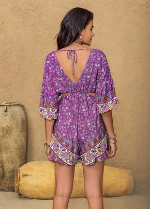 Tied Front Cutout Printed Romper - MimiStylez