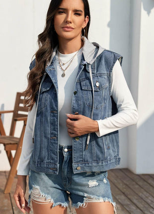 Pocketed Button Up Hooded Denim Jacket - MimiStylez