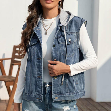 Pocketed Button Up Hooded Denim Jacket - MimiStylez