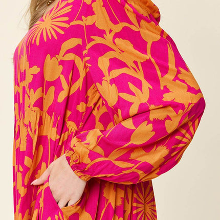 Double Take Full Size Printed Ruffle Hem Dress with Pocket - MimiStylez