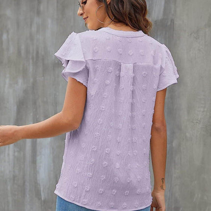 Swiss Dot Notched Cap Sleeve Blouse - MimiStylez