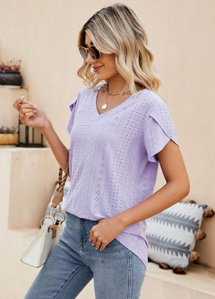 Eyelet Petal Sleeve V-Neck Knit Top - MimiStylez