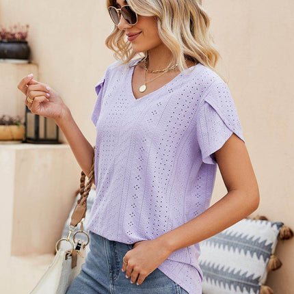 Eyelet Petal Sleeve V-Neck Knit Top - MimiStylez