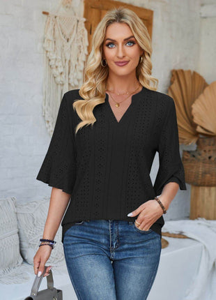Eyelet Notched Half Sleeve T-Shirt - MimiStylez