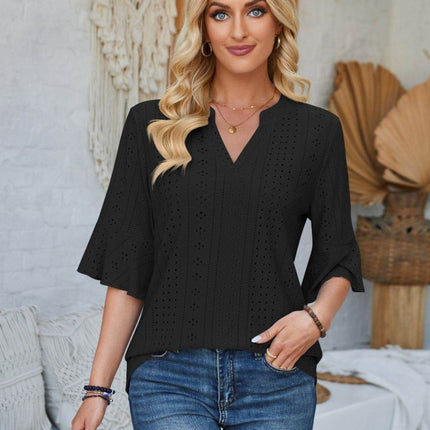 Eyelet Notched Half Sleeve T-Shirt - MimiStylez