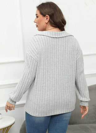 Plus Size Ribbed Collared Neck Long Sleeve Blouse - MimiStylez