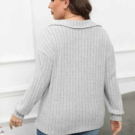 Plus Size Ribbed Collared Neck Long Sleeve Blouse - MimiStylez